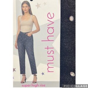 NWT Simple Society Super Highrise Buttonfly Black Bedazzled Denim Jeans Sz 15/32